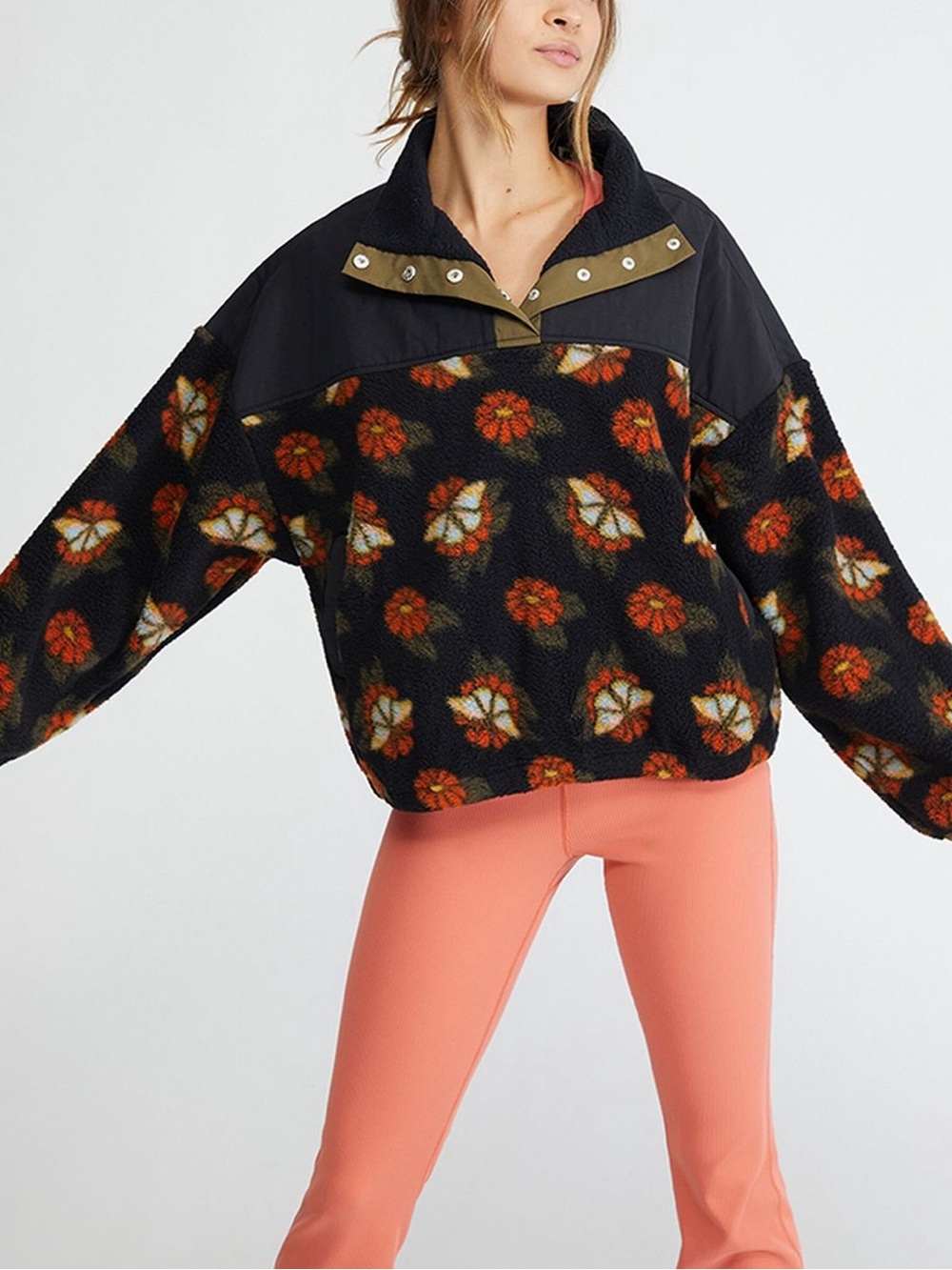 PacSun Butterfly Garden Black Floral Print Fleece Pullover